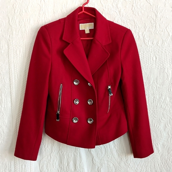 Michael Kors Jackets & Blazers - Michael Kors Red Wool Blazer Double Breasted Pea Coat Cropped Moto Jacket EUC